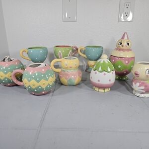 Johanna Parket Pastel Easter Ceramic Lot - Creamer Sugar Canister Mugs NWT